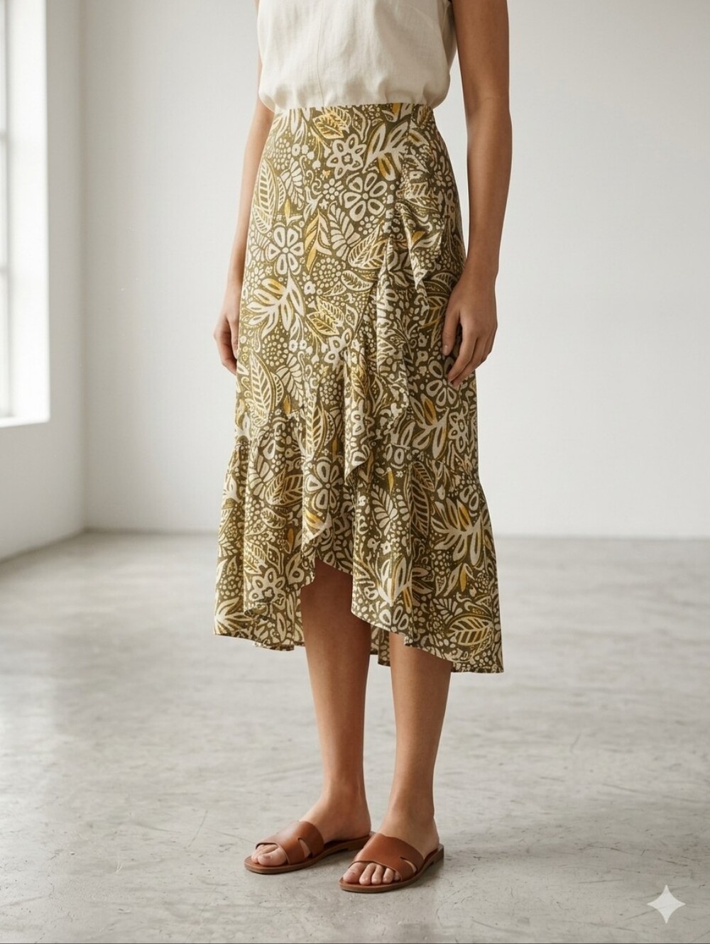 Cato Olive and Yellow Floral High-Low Ruffle Skirt